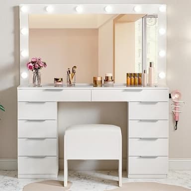 DWVO 46'' Glass Top Makeup Vanity with 10 Drawers, Vanity Desk Set with Large LED Mirror, Built-in Charging Station & Cushioned Storage Chair, Dressing Table with 3-Color Light Modes, Cream White - Image 2