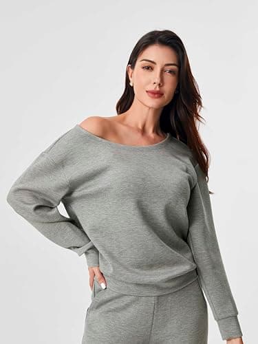 AFITNE 2 Piece Outfits for Women Long Sleeve Off-Shoulder Pullover Tops Wide Leg Sweatpants Pull On Pants Sets Stretchy Trendy Tracksuits with Pockets Fashion Mathching Sweatsuits Grey L 29" - Image 4