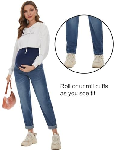 POSHGLAM Women's Maternity Jeans Over Belly Comfy Stretch Boyfriend Jeans Loose Pregnancy Pants(Dark Blue, Medium) - Image 3