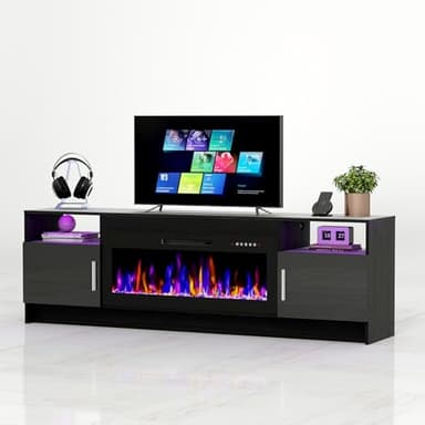 Ludatido 70 Inch TV Stand with 36 inch Electric Fireplace 27 LED Light Entertainment Center for TVs Up to 80" Black Modern Wood Media TV Console with Highlight Cabinet for Living Room Black - Image 7
