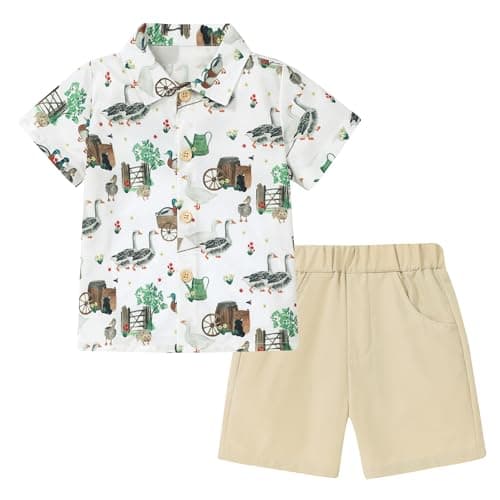 Coco&RARA Toddler Boy Clothes Baby Flamingo Hawaiian Outfits Short Sleeve Shirt + Elastic Waist Shorts Summer Beach Set(Duck + Khaki, 2-3T) - Image 1