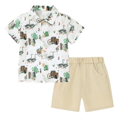 Coco&RARA Toddler Boy Clothes Baby Flamingo Hawaiian Outfits Short Sleeve Shirt + Elastic Waist Shorts Summer Beach Set(Duck + Khaki, 2-3T) - Image 1