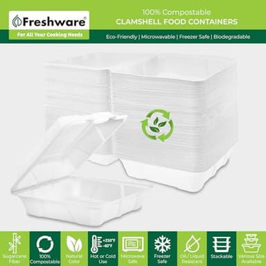 Freshware Clamshell Food Containers with Lids [8x8 100-Pack] Disposable To Go Containers, Biodegradable Sugarcane To Go Boxes - Paper Container - Microwave & Freezer Safe, Stackable - Image 2