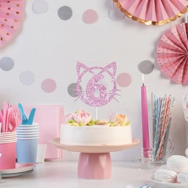 YHEZXUN Cat 6 Cake Topper, Six Birthday Cake Decoration, Pet Cat Kitty Theme 6 Years Old Cake Topper Pink Glitter Cute Party Supplies - Image 5