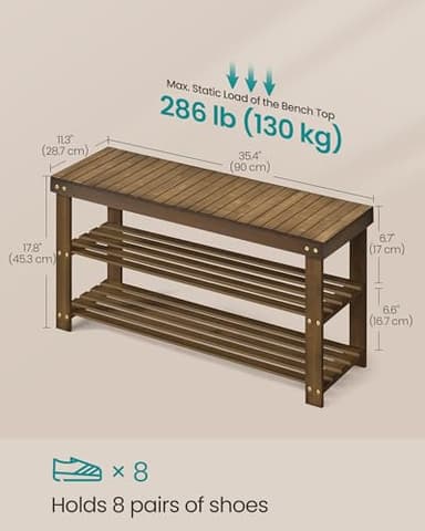 SONGMICS Shoe Rack Bench, 3-Tier Bamboo Shoe Storage Organizer, Entryway Bench, Holds Up to 286 lb, 11.3 x 35.4 x 17.8 Inches, for Entryway Bathroom Bedroom, Yellow Brown ULBS090K01 - Image 3