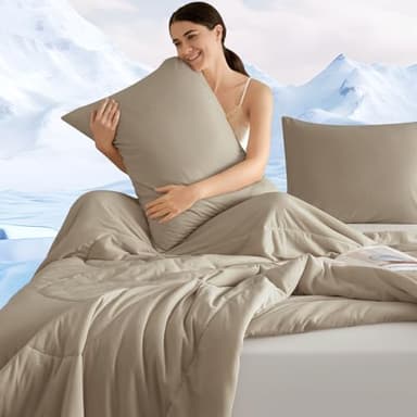 PHF Cooling Comforter Set Queen Size, 3PCS Soft Breathable Lightweight Summer Bedding for Hot Sleepers, Silk Smooth Double-Side Cooling Bed Set with 1 Comforter and 2 Pillowcases, Simple Taupe - Image 1