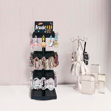 Donmills Bracelet Holder, 360° Rotating Wooden 3 Tier Rotating Jewelry Display Stand, Tree Stand Display with Advertising Board, 39 Hooks for Bracelet, Key Chain Display Stand for Vendors Black Color - Image 2