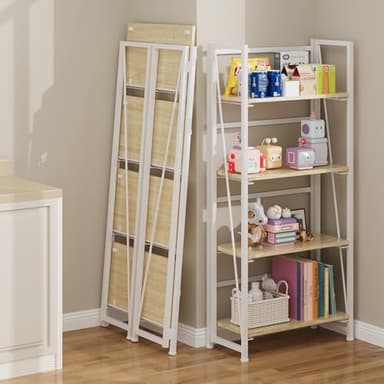 BHG Vintage Multifunctional Bookcase Folding Bookshelf, No-Assembly Plant Stand Storage Rack Shelves for Home Office (White, 4-Tier) - Image 4