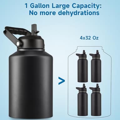 EALGRO Insulated Gallon Water Bottle Jug with Straw, 128 oz Large Stainless Steel Sports Metal Water Canteen With Handle, Thermal Water Cup Mug with 2 Lids, Midnight Black - Image 4