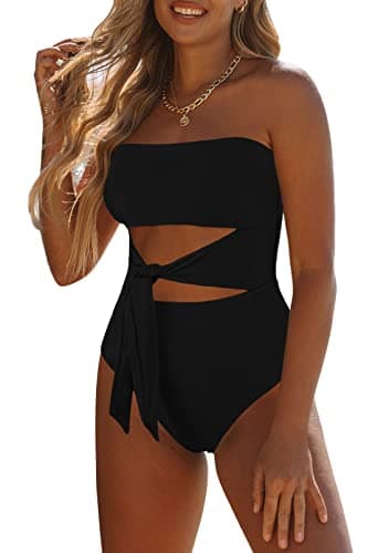 Viottiset Women's Bandeau One Piece Swimsuit Strapless Tie High Cut Out Bathing Suit Black X-Large - Image 1