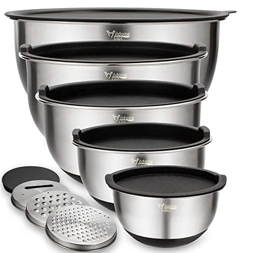 Wildone Mixing Bowls with Airtight Lids Set, 5PCS Stainless Steel Nesting Bowls for Kitchen, with Grater Attachments & Non-Slip Bottoms, Size 5, 3, 2, 1.5, 0.63 QT, Great for Mixing & Serving - Image 1