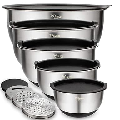 Wildone Mixing Bowls with Airtight Lids Set, 5PCS Stainless Steel Nesting Bowls for Kitchen, with Grater Attachments & Non-Slip Bottoms, Size 5, 3, 2, 1.5, 0.63 QT, Great for Mixing & Serving - Image 1