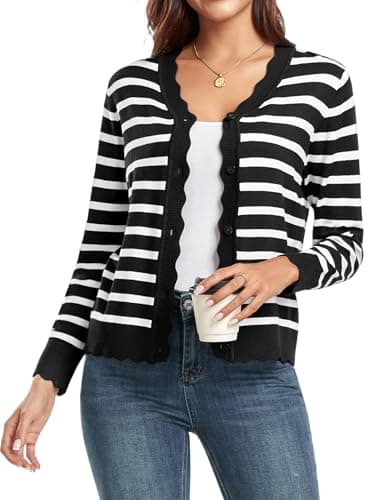 GRECERELLE Women's Long Sleeve Button Down Cardigan V-Neck Fall Shrug Sweaters,Black White Striped, Medium - Image 4
