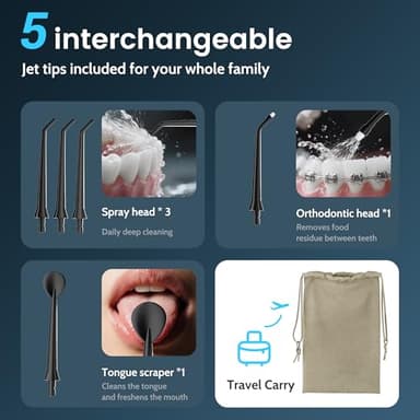 Water Flossers for Teeth, Electric Floss for Adults, Water Dental Picks for Teeth Cleaning and Flossing, Portable Flossers for Travel Size, Travel Bag and 4 Tips, IPX7 Waterproof - Black - Image 7