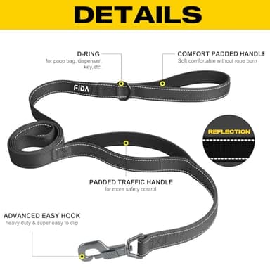 Fida 4 FT Heavy Duty Dog Leash with 2 Comfortable Padded Handles, Traffic Handle & Advanced Easy Snap Hook, Reflective Walking Lead for Large, Medium & Small Breed Dogs (4 FT x 1" Wide, Black) - Image 2