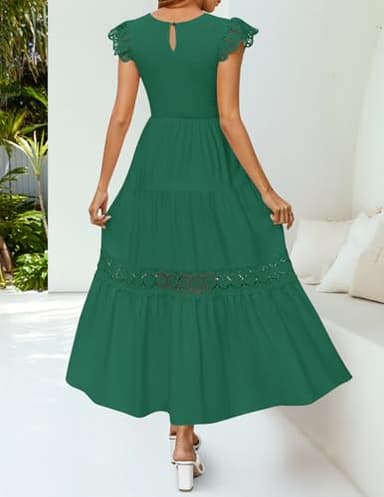 ZESICA Women's Casual Crew Neck Flutter Sleeve Smocked High Waist Hollow Out Lace Trim Tiered A Line Midi Dress,ForestGreen,Small - Image 4