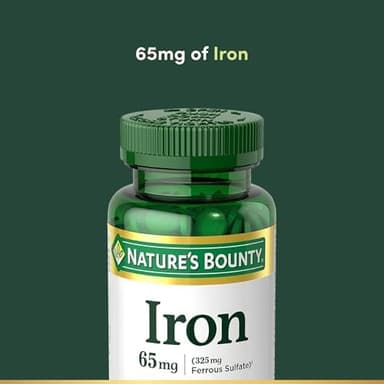 Nature’s Bounty Iron 65mg, 325 mg Ferrous Sulfate, Cellular Energy Support, Promotes Normal Red Blood Cell Production, 1 Serving Per Day, Gluten Free, 100 Vegetarian Tablets - Image 5