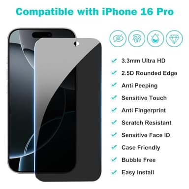 PEHAEL 3+3Pack for iPhone 16 Pro Privacy Screen Protector with Camera Lens Protector Full Coverage Anti-Spy Tempered Glass Film 9H Hardness Easy Installation Bubble Free [6.3 inch] - Image 2
