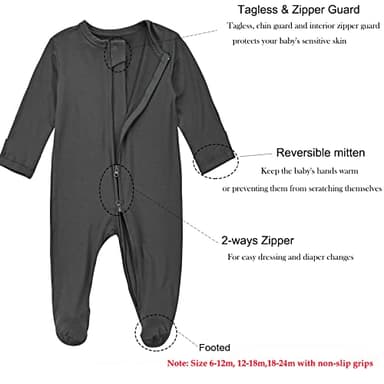 Aablexema Baby Zipper Pajamas Bamboo Rayon, 3pcs Unisex Infant Onesie with Mitten Long Sleeve Footed Pjs(Dark Grey & Olive & Blue,3-6m) - Image 2