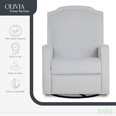 Evolur Olivia Power Recline Glider with Padded Armrests and Plush Cushioning, 275-degree Swivel in Misty Grey - Image 4