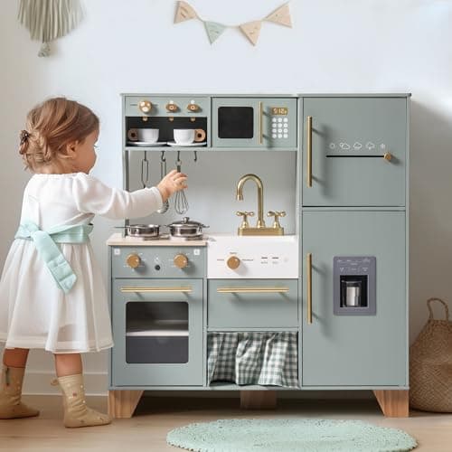 ROBOTIME Play Kitchen for Kids Toddlers, Wooden Pretend Play Kitchen Set Toy with Fridge, Ice Maker, Coffee Maker, Toys Kitchen Gift for 3+ Year Old Kids, Girls & Boys - Image 1
