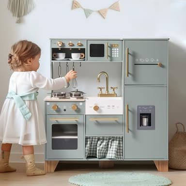 ROBUD Play Kitchen Set, Wooden Play Kitchen with Ice Maker, Fridge, Coffee Machine, Oven, Dishwasher, Microwave, Kitchen Accessories, Toy Kitchen Gift for Boys Girls, 3+ - Image 2