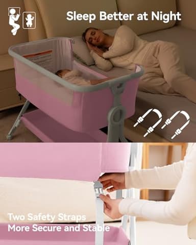 Larex Baby Bassinet, Baby Bassinet Bedside Sleeper with Storage Basket and Wheels, Height Adjustable Portable Crib for Newborn Infant, Easy Assemble and Folding(Pink) - Image 2