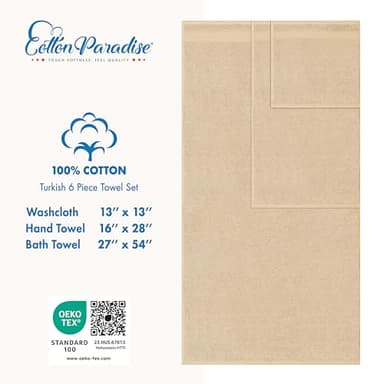 Cotton Paradise 6 Piece Towel Set, 100% Cotton Soft Absorbent Turkish Towels for Bathroom, 2 Bath Towels 2 Hand Towels 2 Washcloths, Beige Towel Set - Image 4