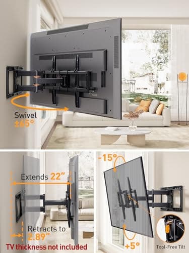 Perlegear UL-Listed Full Motion TV Wall Mount for 42–90 Inch TVs up to 150 lbs, Pre-Assembled TV Mount with Tool-Free Tilt, Swivel, Extension, Max VESA 600 x 400mm, 12″/16″/18″/24″ Wood Studs, PGLF16 - Image 3