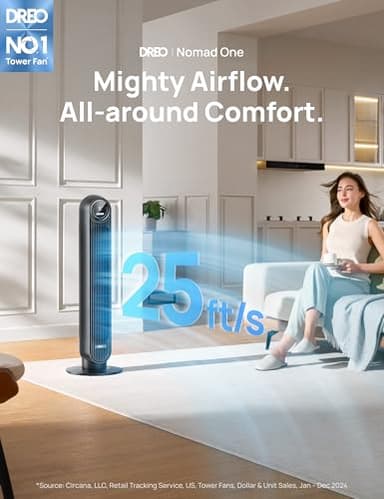 Dreo Tower Fan for Bedroom, 25ft/s Velocity Quiet Floor Fan, 90° Oscillating Fans for Indoors with 4 Speeds, 4 Modes, 8H Timer, Standing Fans, Bladeless Fan, Black, Nomad One (DR-HTF007) - Image 2