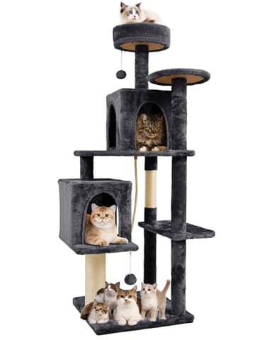Nineshi 59in Large Cat Tree Tower for Indoor Cats with Soft Plush Hang Ball, Two Condos, Sisal Scratch Posts & Rope Play for Kittens/Adult Cats, Deep Grey - Image 1