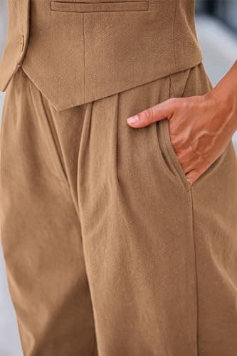 PRETTYGARDEN Women's Two Piece Cotton Sets V Neck Button Down Cropped Tank Tops Vest And Pockets Pants Fashion Summer Outfits (Brown,Large) - Image 7