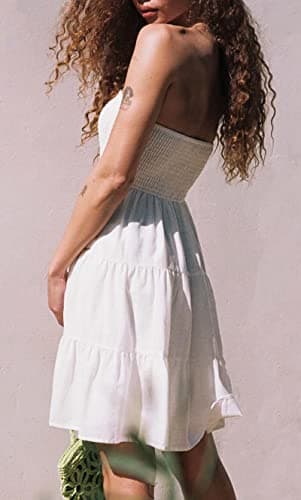 Tsher Tube Top Dress for Women Summer Solid Strapless Mini Dresses, Off The Shoudle Ruffle Beach Dress （XS, White-2 - Image 2