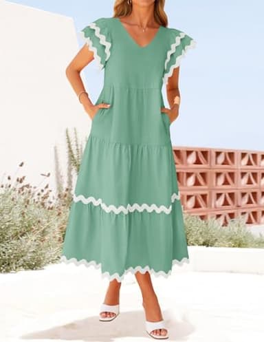 ZESICA Womens 2025 Summer Casual Midi Dresses V Neck Flutter Short Sleeve Ruffle Tiered A Line Flowy Beach Long Dress,Sage,Small - Image 3