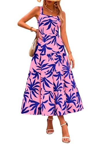 PRETTYGARDEN Women's Summer Floral Maxi Dress Sleeveless Smocked Ruffle Long Flowy Beach Vacation Boho Sundresses (Floral Pink Blue,Small) - Image 1