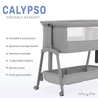 Dream On Me Calypso Portable Bassinet with Wheels in Grey, Quick & Easy Folding, Seven Adjustable Height, Machine Washable Fabric, Portable and Packable Bedside Bassinet - Image 5
