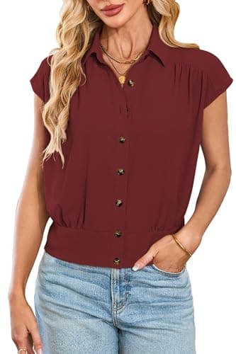 Cakulo Womens Summer Short Sleeve Button Down Shirts 2025 Dressy Casual Polo V Neck Collared Blouses Tops Ruby M - Image 1
