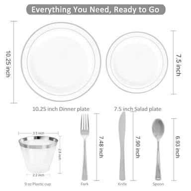 WELLIFE 350-Piece Silver Plastic Dinnerware Set - Disposable 10.25" Dinner Plates, 7.5" Dessert Plates, 9oz Silver Rim Cups & Cutlery for Weddings - 50 Guest Service - Elegant Disposable Silverware - Image 3