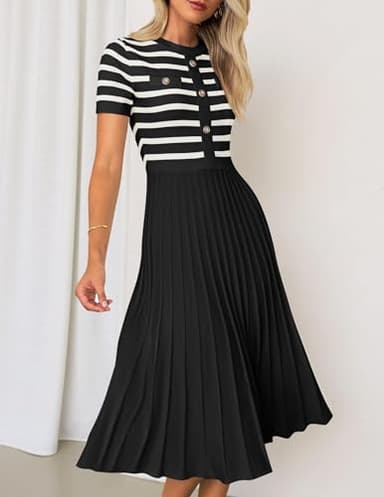 ZESICA Women's 2025 Casual Striped Midi Dress Crewneck Short Sleeve Button Ribbed Knit Swing Pleated A Line Dresses,Black,Medium - Image 8