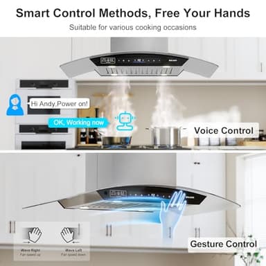 BRANO 36 Inch Island Range Hood, 900 CFM Voice/Gesture/Touch Control Ceiling Vent Hood with 4 Speed Exhaust Fan, 4 LED Lights, Memory Mode, Ducted/Ductless Convertible with 2 Charcoal Filter - Image 3