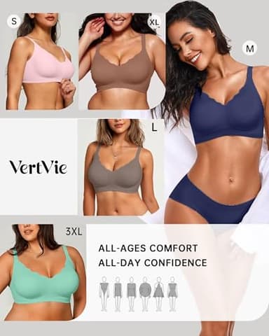 Vertvie Womens Seamless Bras No Underwire Supportive Wireless Push Up Full Coverage Bralette Comfort Scalloped T-Shirt Bra(Navy Blue,Medium) - Image 6