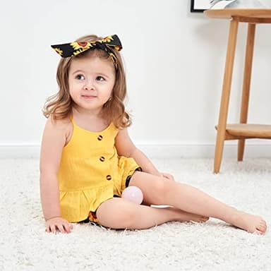 Kucnuzki Toddler Baby Girl Clothes Summer Outfits Ruffle Sleeveless Linen Shirt Kid Short Set for Girl (12-18 Months, Yellow+Black) - Image 4