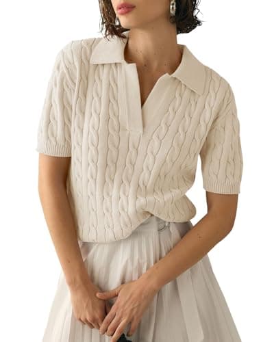 Imily Bela Women's Cable Short Sleeve Sweaters Tops Solid Lapel V Neck Knit Casual Soft Pullover Shirt Apricot - Image 1