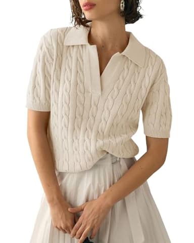 Imily Bela Women's Cable Short Sleeve Sweaters Tops Solid Lapel V Neck Knit Casual Soft Pullover Shirt Apricot - Image 1