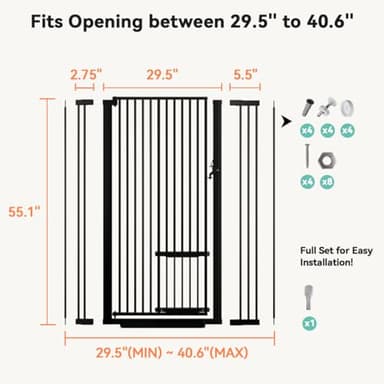COMOMY 55.1" Extra Tall Pet Gate for Cats, 29.5-40.6" Extra Wide Cat Gate with Adjustable Cat Door, Pressure Mounted Easy Walk Through Pet Gate with Door for Stairs, Doorways, Kitchen(Black) - Image 6