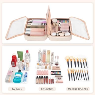 OCHEAL Makeup Bag, Make up Travel Bag Large Capacity Waterproof Cosmetic Organizer Bag with Makeup Brush Compartment & Handle for Women Girls Travel Toiletry Accessories-Beige - Image 6