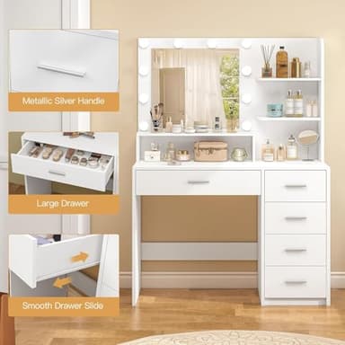 Quimoo Makeup Vanity Desk with Mirror & Lights, Vanity Desk with 5 Drawers & Storage Shelves, Vanity Table, 3 Color Modes & Adjustable Brightness Dressing Table, Bedroom, White - Image 5