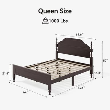 BedsPick Solid Wood Bed Frame Queen Size, Wooden Retro Style Queen Bed Frame with Headboard and Footboard, Heavy Duty Bed Frame with 12 Wood Slats Support,No Box Spring Needed,Noiseless, Dark Brown - Image 2