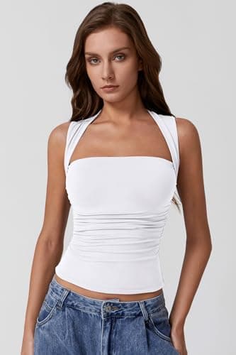 QINSEN Tank Tops for Women Square Neck Double Lined Slim Fit Summer Basic T Shirts White M - Image 4