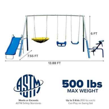 Sportspower Taylor Galvanized Metal Swing Set (6 Year Warranty): Blow Molded Swing+Standing Swing, Teeter Totter, Saucer Swing+5' Wavy Slide, EXCEEDS ASTM Standards*4pc Anchor Kit* - Image 6